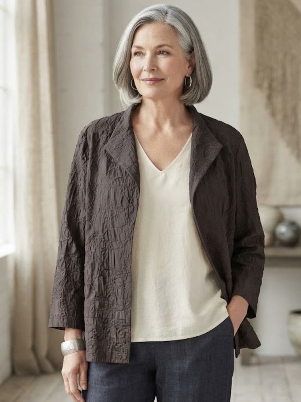 Eileen Fisher Woman 2X Brown Textured Silk Cotton Blend Jacket Coat Open Front